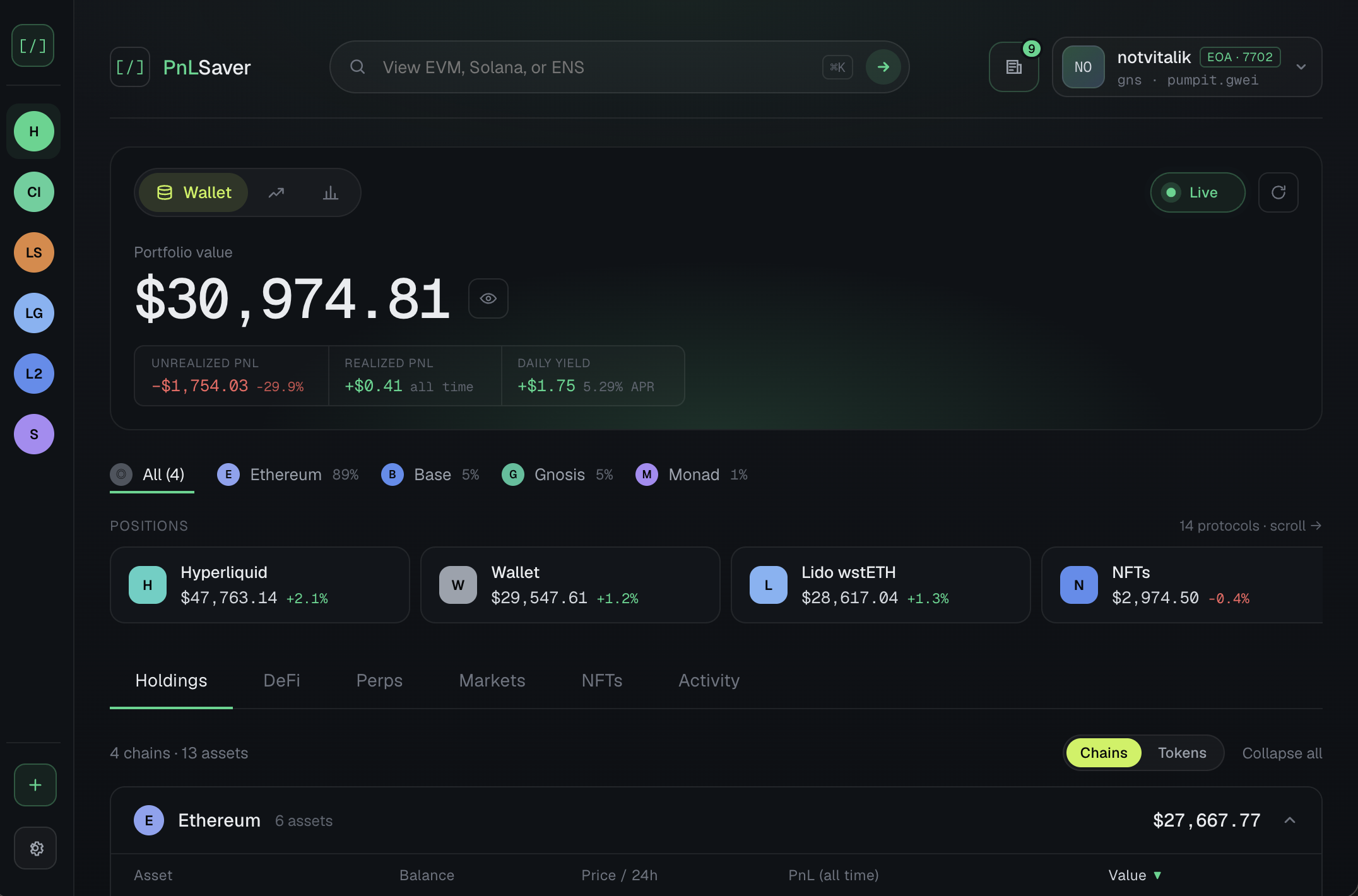 PnLSaver portfolio with holdings, PnL, DeFi, and activity